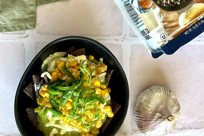 Creamy poblano blue corn chilaquiles