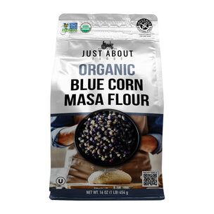 Bag of Just About Organic Blue Corn Masa Flour on a white background