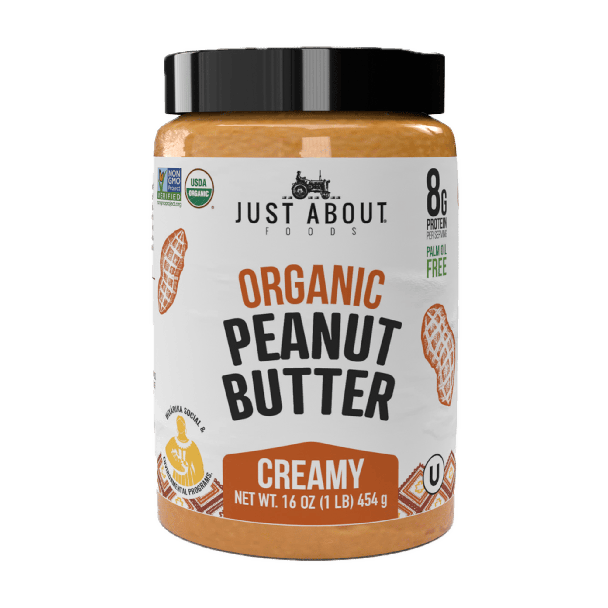 Organic creamy peanut butter in jar, USDA organic, non-GMO, palm oil free